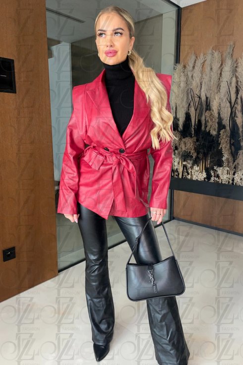 Dámska bunda s opaskom z ekokože -  červená farba - LIRAVINE - fashion Julzz