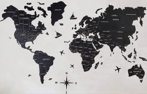 Wooden world map sa dingding - kulay itim 200 cm x 120 cm