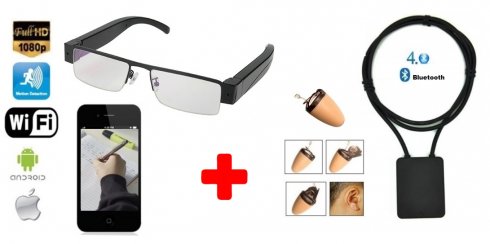SET - แว่นตาสอดแนมพร้อมกล้อง FULL HD และหูฟัง WiFi + Spy