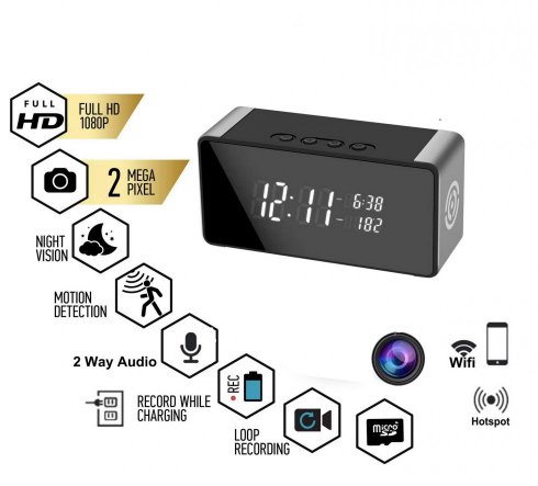 Cameră FULL HD WiFi P2P în ceas digital cu 10 LED-uri IR + difuzor bluetooth + detectare mișcare