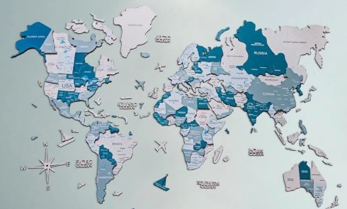 Mapa de madera - mapa de viaje de pared 3D color azul AQUA 150x90 cm
