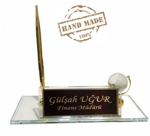 Gouden pennenhouder - glazen tafelstandaard + kristallen bol + horloge