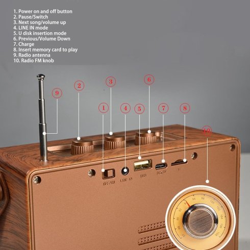 AM FMラジオ - レトロなビンテージスタイルの木製、Bluetooth + AUX