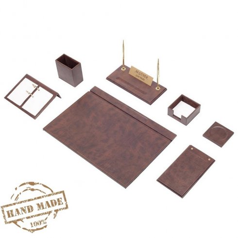 Conjunto de mesa de escritório com 9 unidades - couro luxuoso (couro marrom - feito à mão)