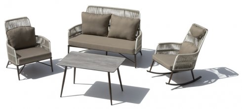 Posti a sedere in terrazza in giardino - sedia a dondolo e statica + doppio sedile per 5 persone + tavolo alto