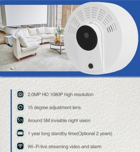 Camera hidden in FULL HD smoke detector + 1 year battery life + IR LED + WiFi + motion detection