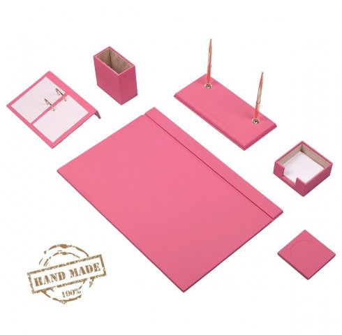 SET de mesa de escritorio de cuero rosa para mujer - 8 piezas accesorios de oficina (100% HECHO A MANO)