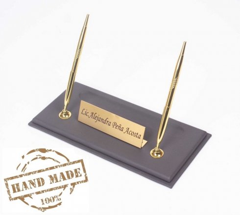 Leather pen stand for work desk + gold nameplate + 2 gold pens