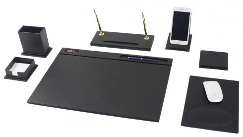 Ensemble de bureau en cuir noir - 7 accessoires pcs (100% fait main)