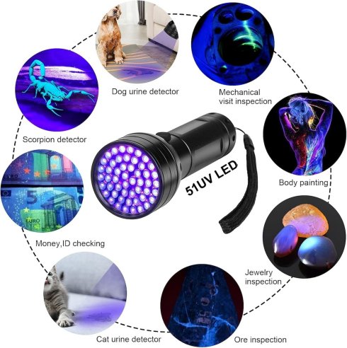 Baterka s uv světlem - UV detekční baterka světlo 395nm ultrafialová s 51x LED výkonem