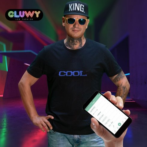 LED T Shirt Gluwy mit individueller Ansage per App iOS Android Blaue LED Cool Mania