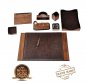 豪华办公桌 9 件套配件 - 100% 手工制作 - 棕色（木头 + 皮革）