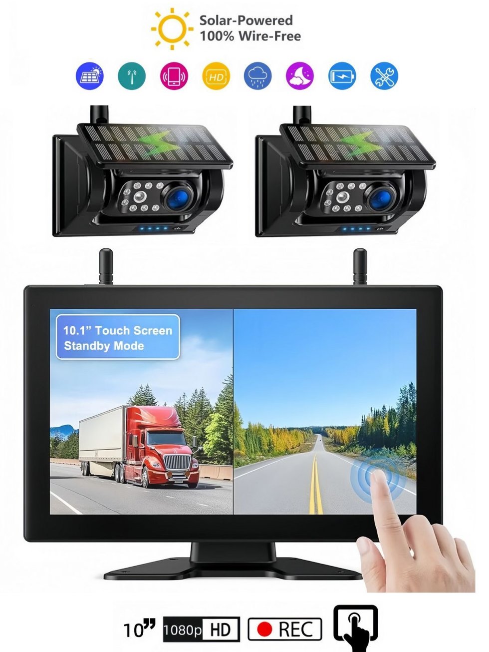 Achteruitrijcamera op zonne-energie, draadloos, wifi, achteruitrijcamera voor auto, HD 1080P, nachtzicht, 9600 mAh, oplaadbare batterij, magnetische basis voor vrachtwagen, camper, bestelwagen