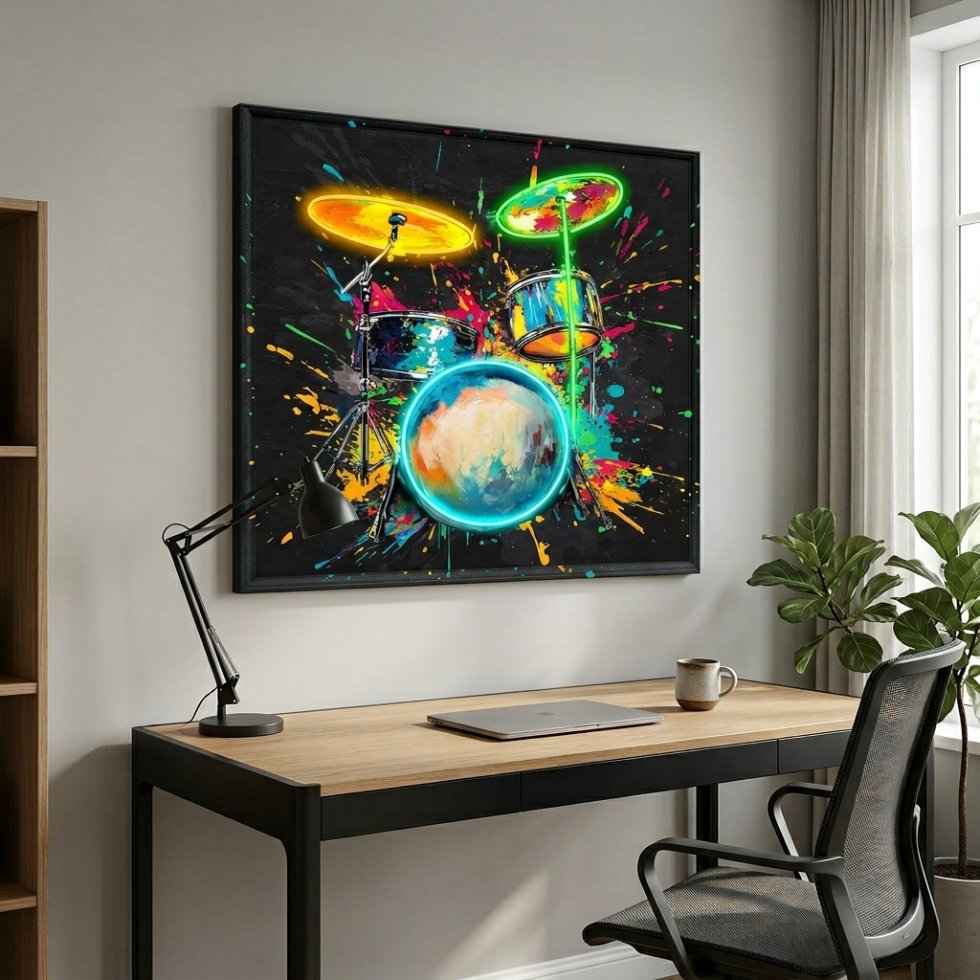 Tranh treo tường LED chủ đề Pop Art Âm nhạc – Trống Neon – 83 × 83