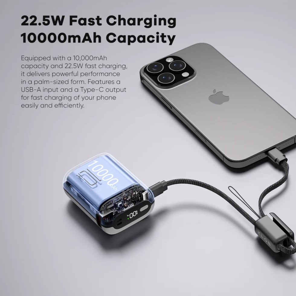 Mini power bank 10000 mAh 22,5 W - Pocket charger with integrated