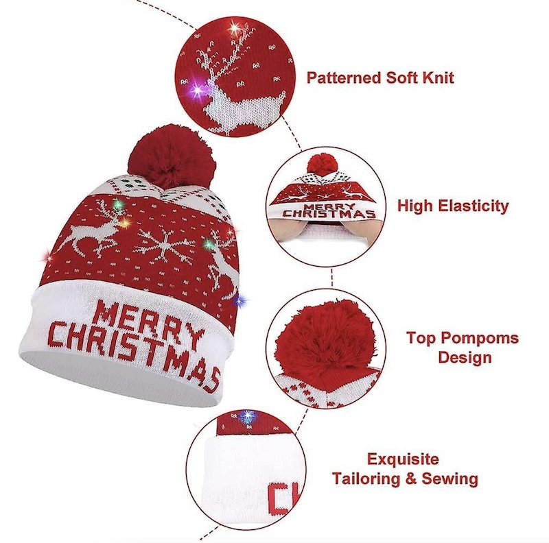 Bonnet Noël Lumineux LED - 3 Modes Clignotants, Élastique, Adultes & Enfants, Fêtes & Photos