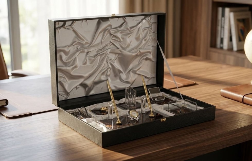 豪華なクリスタル製オフィスセット（エレガントなレザーマット付き
