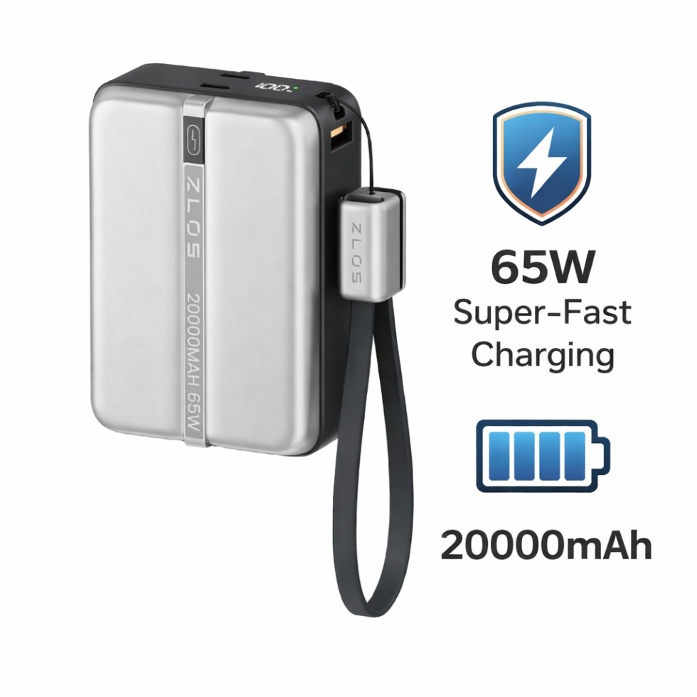 Super fast 20000 mAh 65W power bank with integrated cable and